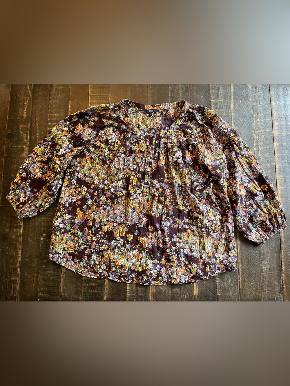 Chaps Floral Scoop-Neck Purple Peasant Blouse Puff Sleeve Lightweight Flowy